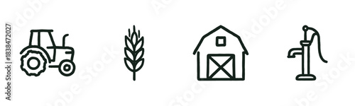 Four simple black outline farm icons depict agricultural elements including a tractor, wheat stalk, barn, and water pump in a clean, minimalist style