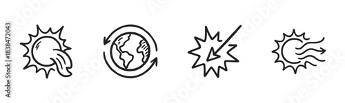 Four distinct hand-drawn environmental energy icons illustrating solar power, global recycling, energy impact, and wind flow in a simple, expressive doodle style