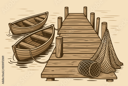 Wooden dock with two boats moored and fishing net on the side during daytime