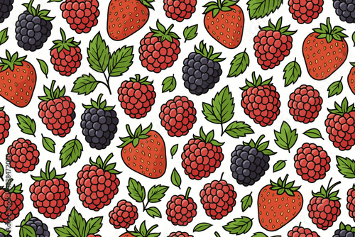 Bright berries cover a white surface with strawberries, raspberries, and blackberries showing various sizes and shapes