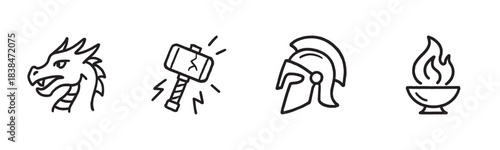 Four distinct mythical icon illustrations depict a dragon head, a powerful hammer, an ancient warrior helmet, and a burning torch, all rendered in a bold, simple black outline style