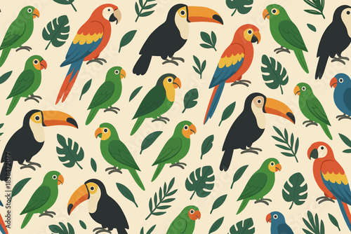 Colorful birds in a tropical setting with various species and leaves in a lively pattern across the background