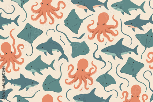 Colorful ocean creatures swim in a busy underwater scene with sharks, octopuses, and stingrays on a light background