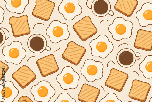 Breakfast items with toast eggs and coffee arranged on a simple background in a repeating pattern