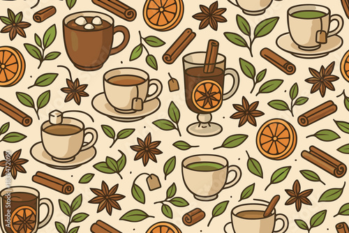 Various cups and ingredients for warm drinks displayed on a light background with colorful elements