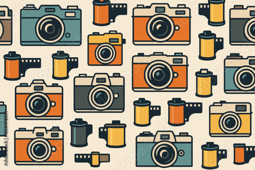 Colorful cameras and film canisters arranged in a pattern on a light background with various designs and styles present