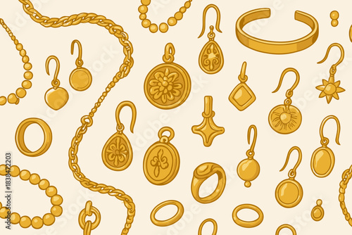 Jewelry collection displayed with different styles of necklaces, earrings, and bracelets arranged on a light background