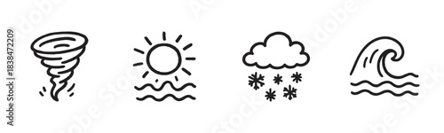 Simple hand-drawn weather and natural disaster icons are depicted in a clean, minimalist black outline doodle style, representing various natural phenomena
