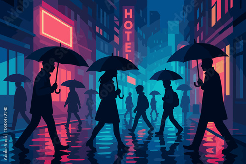 People walk with umbrellas on a rainy night in a city street with glowing signs in the background