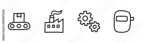 Four hand-drawn industrial manufacturing icons depicting a conveyor belt, factory building, interlocking gears, and a welding mask, rendered in a simple black outline style