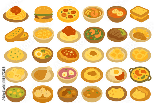 Different types of food items displayed on a simple background showing a variety of meals and snacks around the world