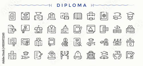 Diploma icon set. College ui icons set in a thin style. Outline icons in linear style. Graduation linear icon set. Vector collections.