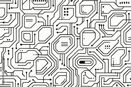 Circuit design on white background showing pathways and connections for technology projects or electronics