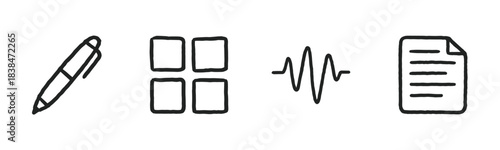 Four simple hand-drawn black outline icons depict a pen, a grid of squares, a wavy line, and a document, presented in a minimalist, modern doodle style