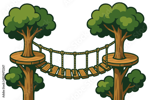 Swing bridge connects two tall trees in a forest setting at daytime