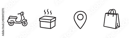 Set of simple hand-drawn black line icons illustrates modern online shopping and delivery concepts, including a scooter, a steaming box, a location pin, and a shopping bag