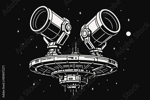 Space station with two large telescopes in outer space during night