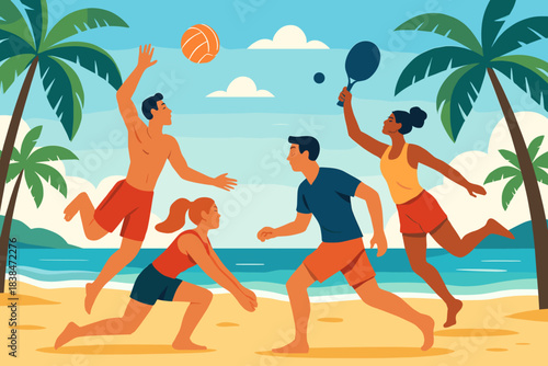 Group of friends play beach volleyball and paddleball under clear sky near ocean in summer afternoon with palm trees around