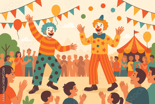 Two clowns perform on stage for a crowd at a festival with colorful decorations and balloons in the background