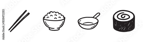 Hand drawn Asian food icons set featuring chopsticks, a bowl of rice, soy sauce, and a sushi roll in a simple minimalist black and white doodle sketch illustration style