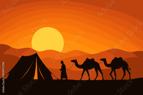 Sunset over desert campsite with camels and person in silhouette walking towards tent
