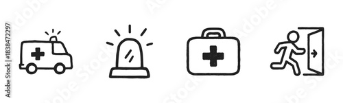 Four hand-drawn emergency and medical icons are displayed in a row, featuring an ambulance, a flashing siren, a first aid kit, and an exit sign, rendered with a simple, textured black outline style