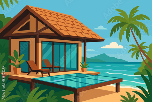 Cozy beachside house with pool surrounded by palm trees and bright blue ocean in sunny weather