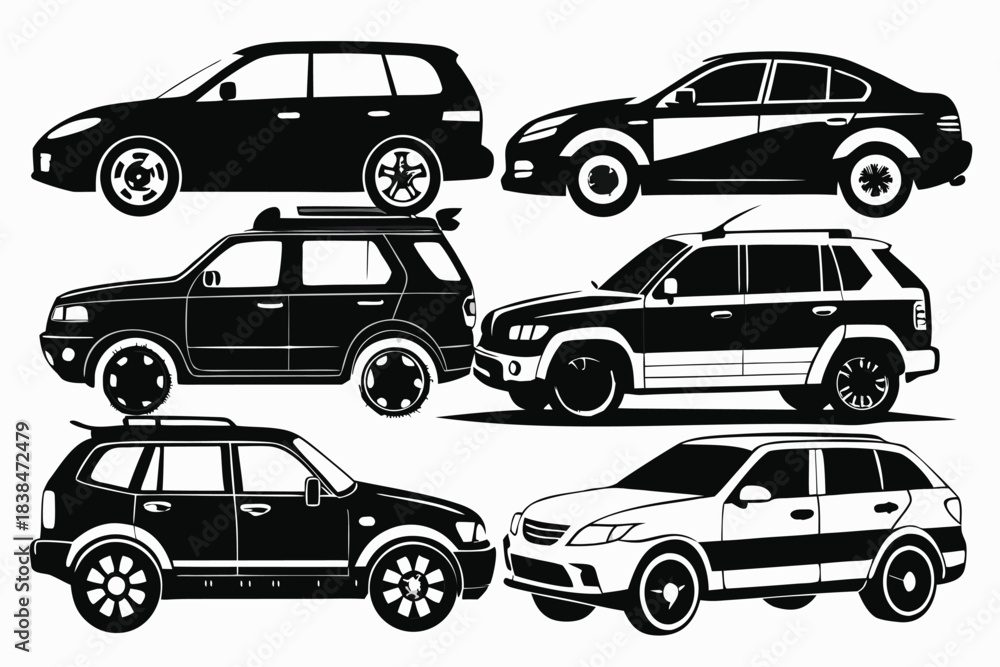 Naklejka premium Collection of black silhouettes various car models suv sedan crossover vehicles transportation automotive design