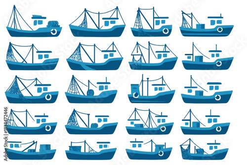 Various fishing boats in different designs and colors on a plain background showcasing marine activities and fishing culture