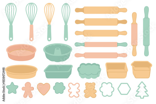 Various baking tools and utensils arranged on a flat surface for baking and cooking activities in a kitchen setting