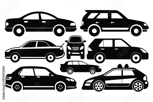 Collection of black silhouettes various car models sedan suv station wagon hatchback