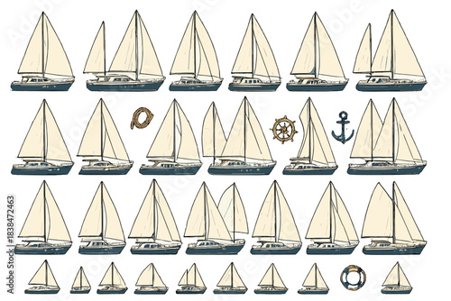 Sailboats of different sizes arranged in various positions on a light background in a simple design