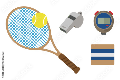 Tennis sports equipment vector illustration racket ball whistle stopwatch score