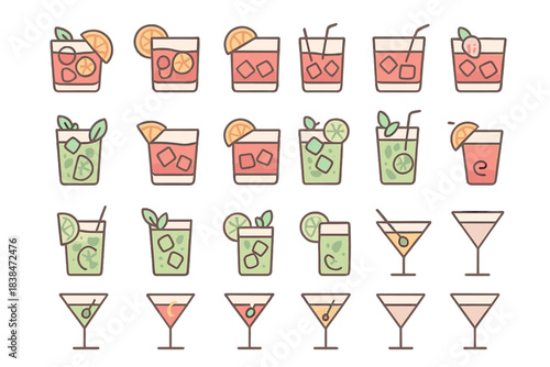 Different types of drinks served in glasses with fruit slices and ice, arranged neatly on a white background