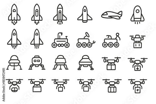 Various rocket, drone, and vehicle icons on a simple background showing different designs and types of air and ground transport