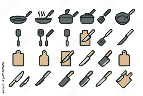 Collection of kitchen tools and utensils for cooking in a simple design layout