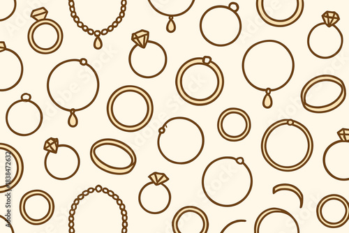 Pattern of rings and jewelry on light background showing various designs and shapes for fashion and decoration use