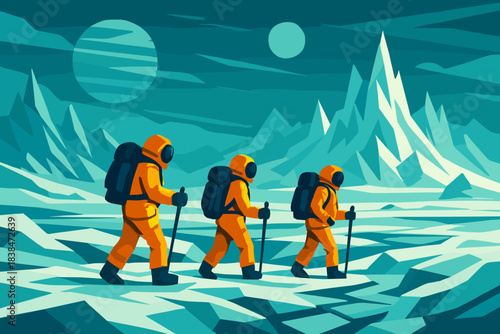 Exploration of a distant planet by astronauts navigating icy terrain with mountains and moons in the background