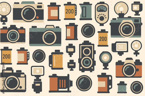Collection of vintage cameras and photography accessories arranged on a light background