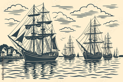 Sailing ships navigate calm waters near a coastal town with clouds in the blue sky at a specific time of day