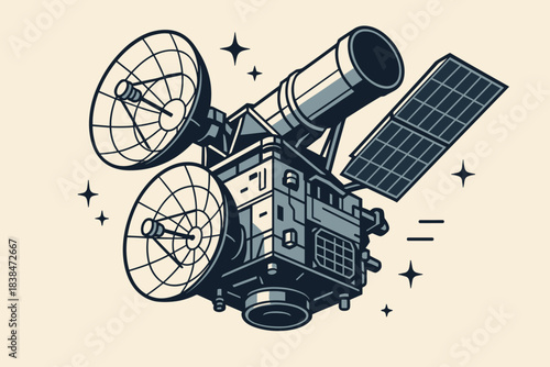 Space satellite with solar panels and antennas designed for data collection and communication