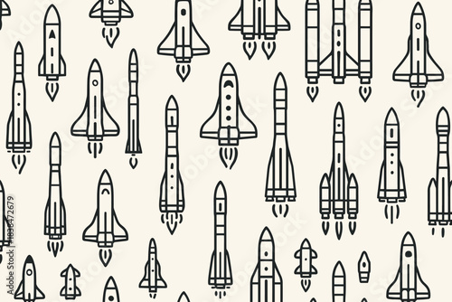 Various rocket designs arranged in a repetitive pattern on a light background