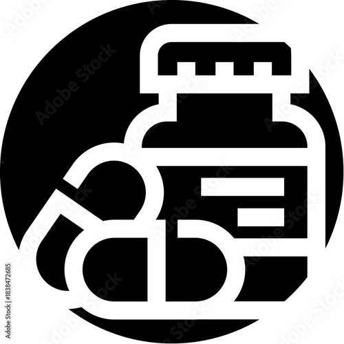 Medicine bottle container with pills icon concept
