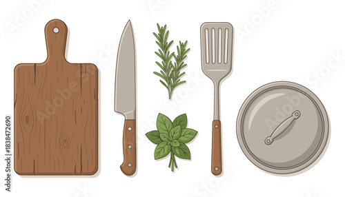 Kitchen utensils and fresh herbs flat lay cooking vector illustration on white