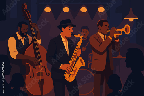 Jazz band performing at a live music venue in the evening with an audience enjoying the event