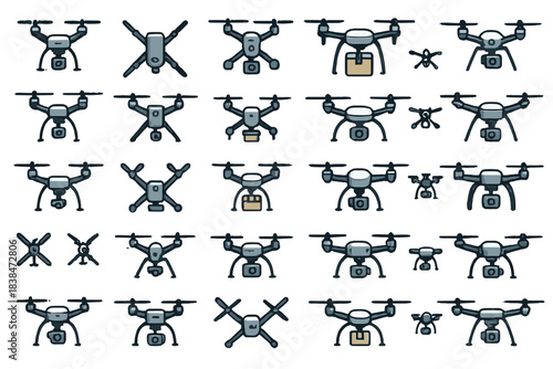 Different types of drones shown in various positions with some holding packages, illustrating technology and design