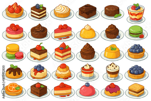 Different types of desserts displayed on white plates at a dessert shop in a bustling town during the afternoon