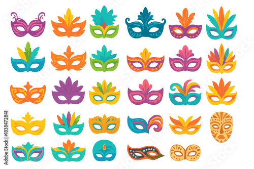 Colorful masks displayed for a carnival celebration in a festive setting during daytime activities