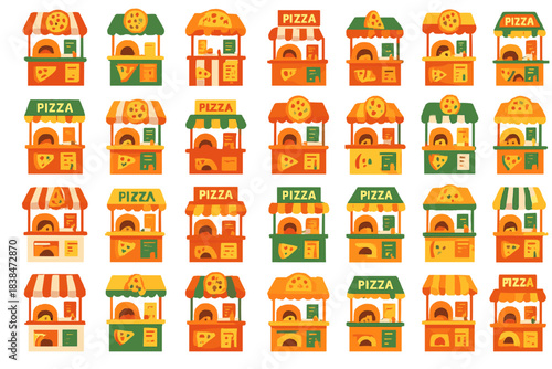 Different pizza stands present in various styles and designs located in a food market during daytime hours