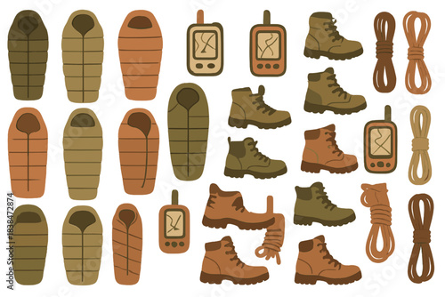 Gear for outdoor activities including boots, sleeping bags, ropes, and GPS devices for hiking trips and camping adventures